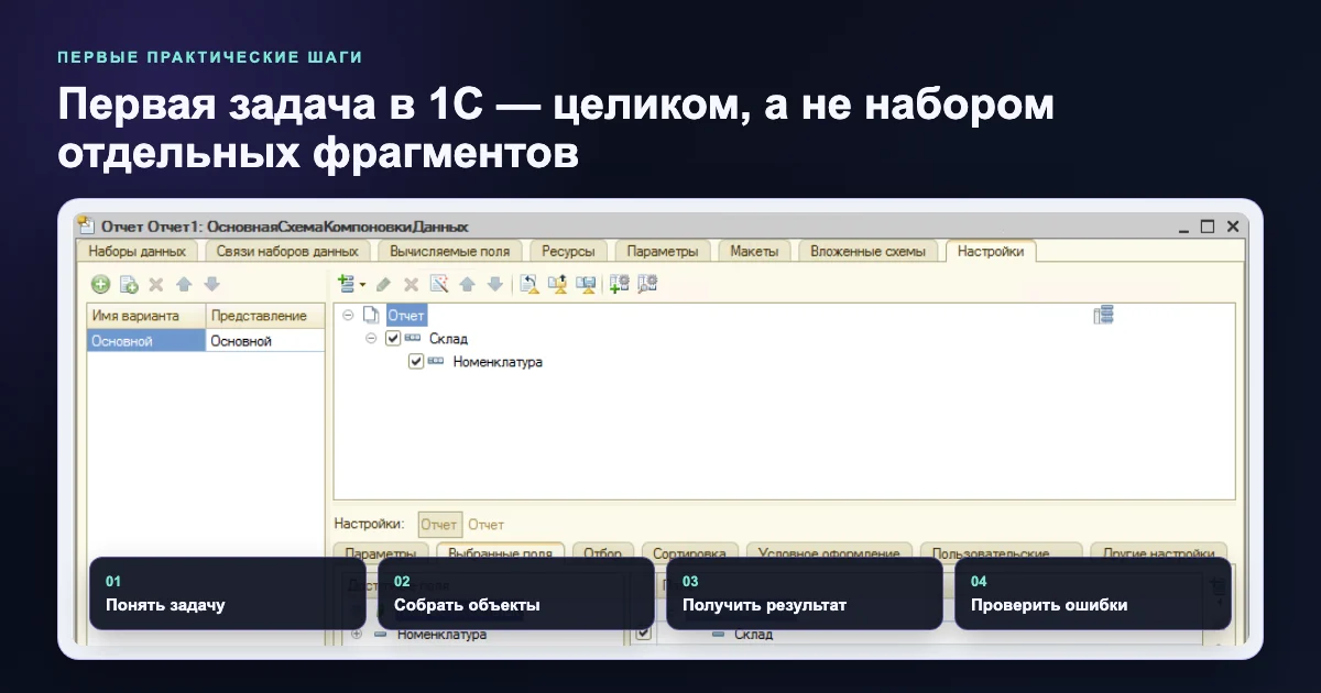 Четыре шага первой цельной задачи в учебной базе 1С