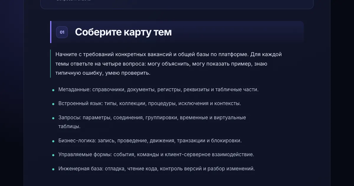 Фрагмент карты тем для подготовки к собеседованию начинающего 1С-разработчика